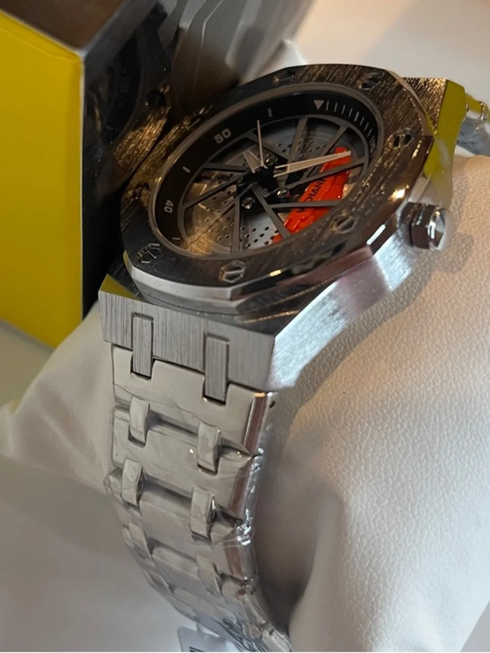 Skeleton Dial Stainless Steel Watch with Orange Accent - 69484
